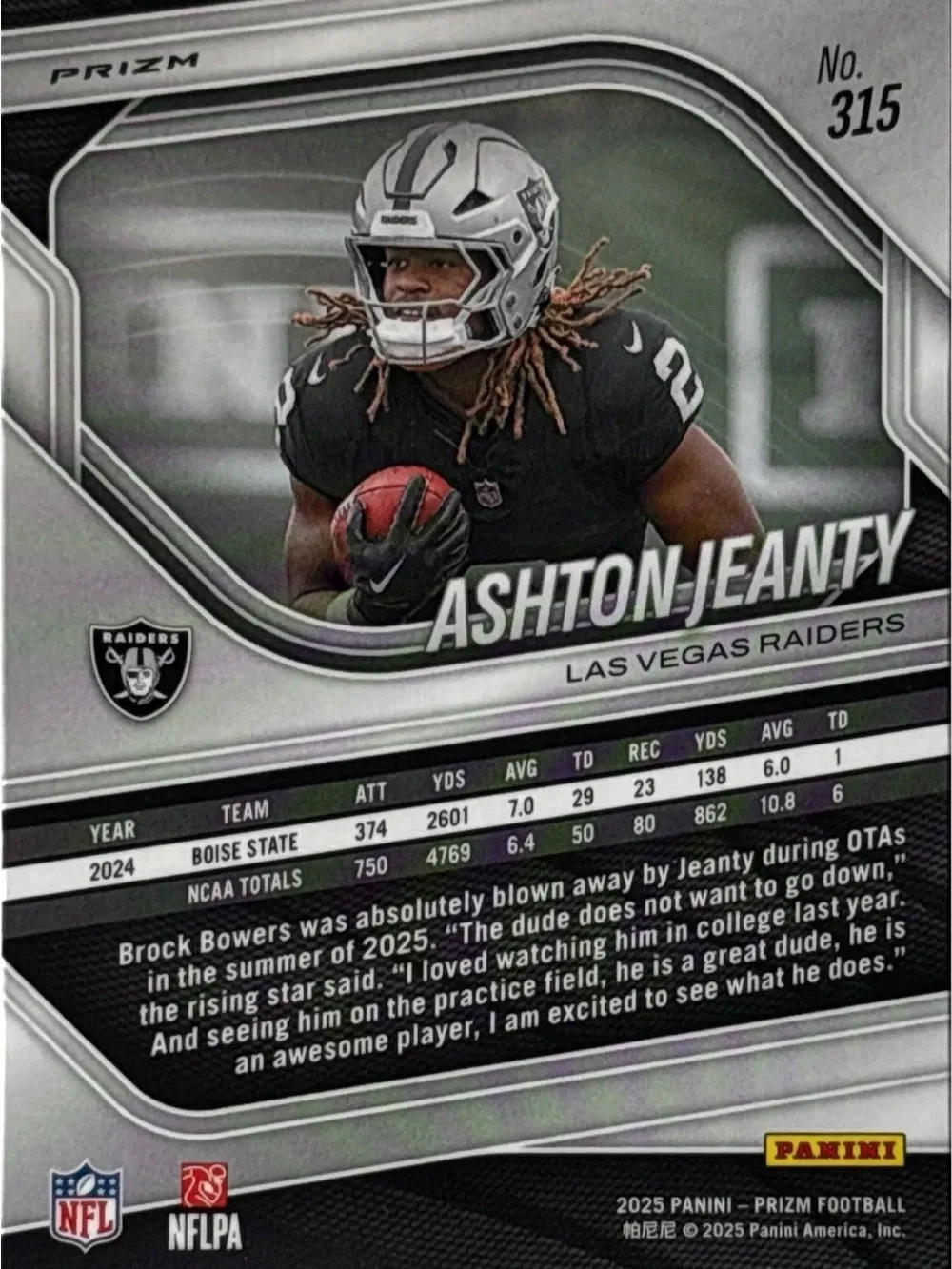 Panini Prizm Las Vegas Raiders Ashton Jeanty Silver Prizm Football Rookie Card